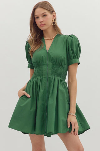 Entro V Neck Mini Dress With Smocked Waist In Hunter Green *COMING SOON*