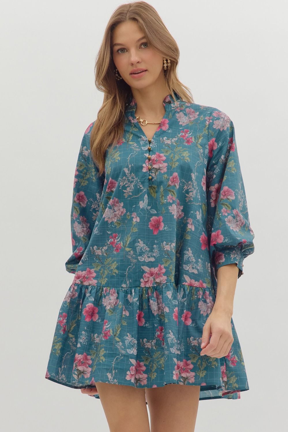 ENTRO Floral Ruffle Hem 3/4 Sleeve Mini Dress In Teal *COMING SOON*