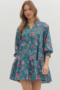 ENTRO Floral Ruffle Hem 3/4 Sleeve Mini Dress In Teal *COMING SOON*