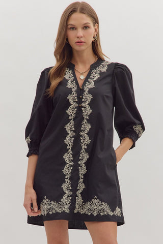 Entro Solid 3/4 Sleeve Mini Dress With Embroidered Lace Trim In Black