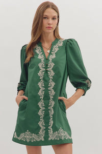 Entro Solid 3/4 Sleeve Mini Dress With Embroidered Lace Trim In Hunter Green *COMING SOON*