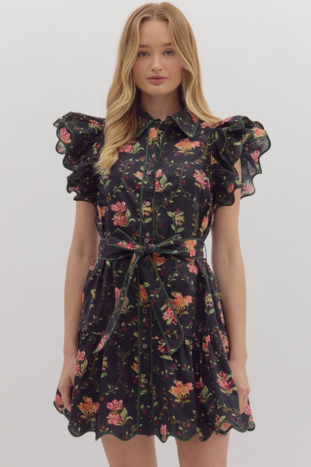 Entro Floral Tie Waist Flutter Sleeve Dress In Black