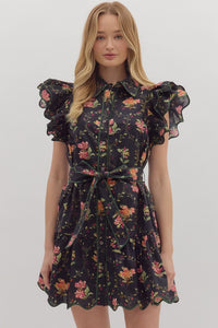Entro Floral Tie Waist Flutter Sleeve Dress In Black