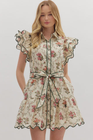 Entro Floral Tie Waist Flutter Sleeve Dress In Ecru