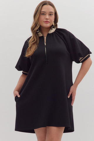 ENTRO Solid Mini Dress With Ribbed Trim In Black PLUS Sizes *COMING SOON*