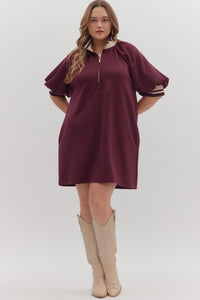 ENTRO Solid Mini Dress With Ribbed Trim In Burgundy PLUS Sizes *COMING SOON* (