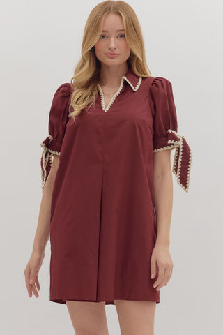 ENTRO Tie Cuff Dress With Contrast Binding In Garnet