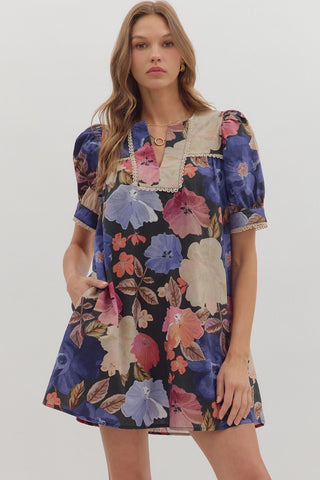 Entro Floral Puff Sleeve Mini Dress In Black *COMING SOON*