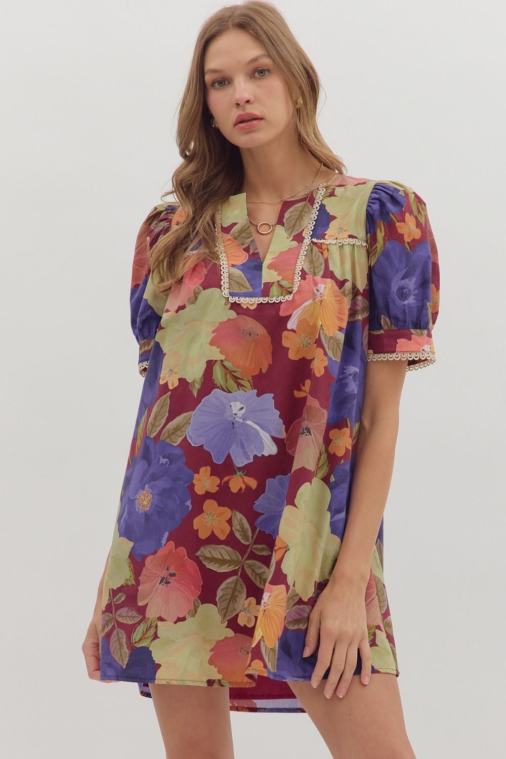Entro Floral Puff Sleeve Mini Dress In Burgundy *COMING SOON*