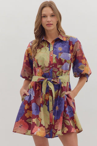 Entro Floral Puff Sleeve Mini Dress With Tie Waist In Burgundy
