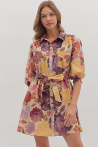 Entro Floral Puff Sleeve Mini Dress With Tie Waist In Ecru