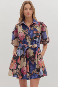 Entro Floral Puff Sleeve Mini Dress With Tie Waist In Midnight