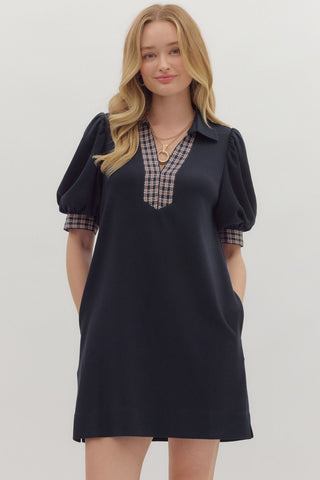ENTRO Houndstooth Contrast Band Mini Dress In Navy