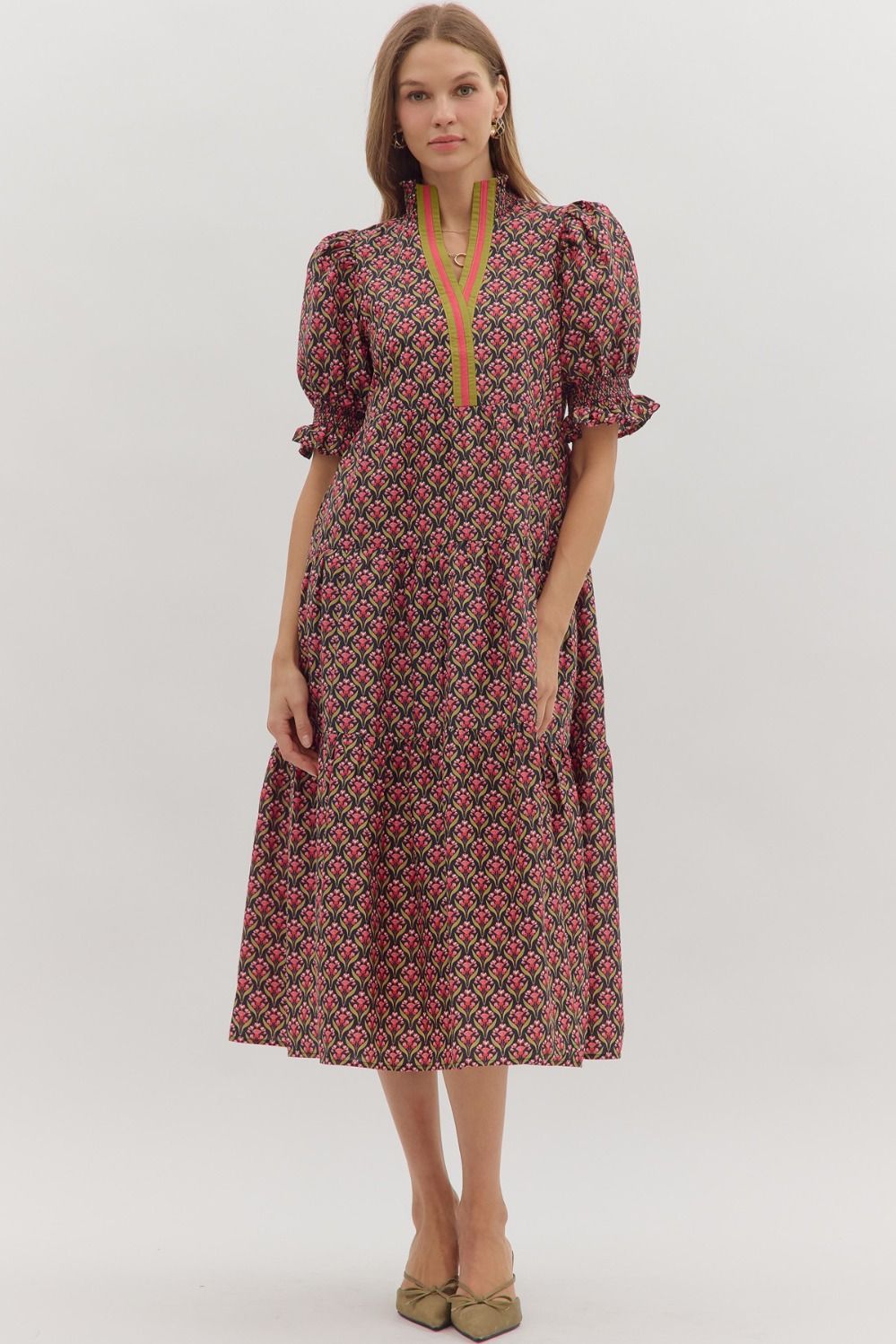 ENTRO Botanical Print Puff Sleeve Midi Dress In Black *COMING SOON*