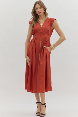 Entro Solid V Neck Midi Dress With Smocked Waist In Brick *COMING SOON*