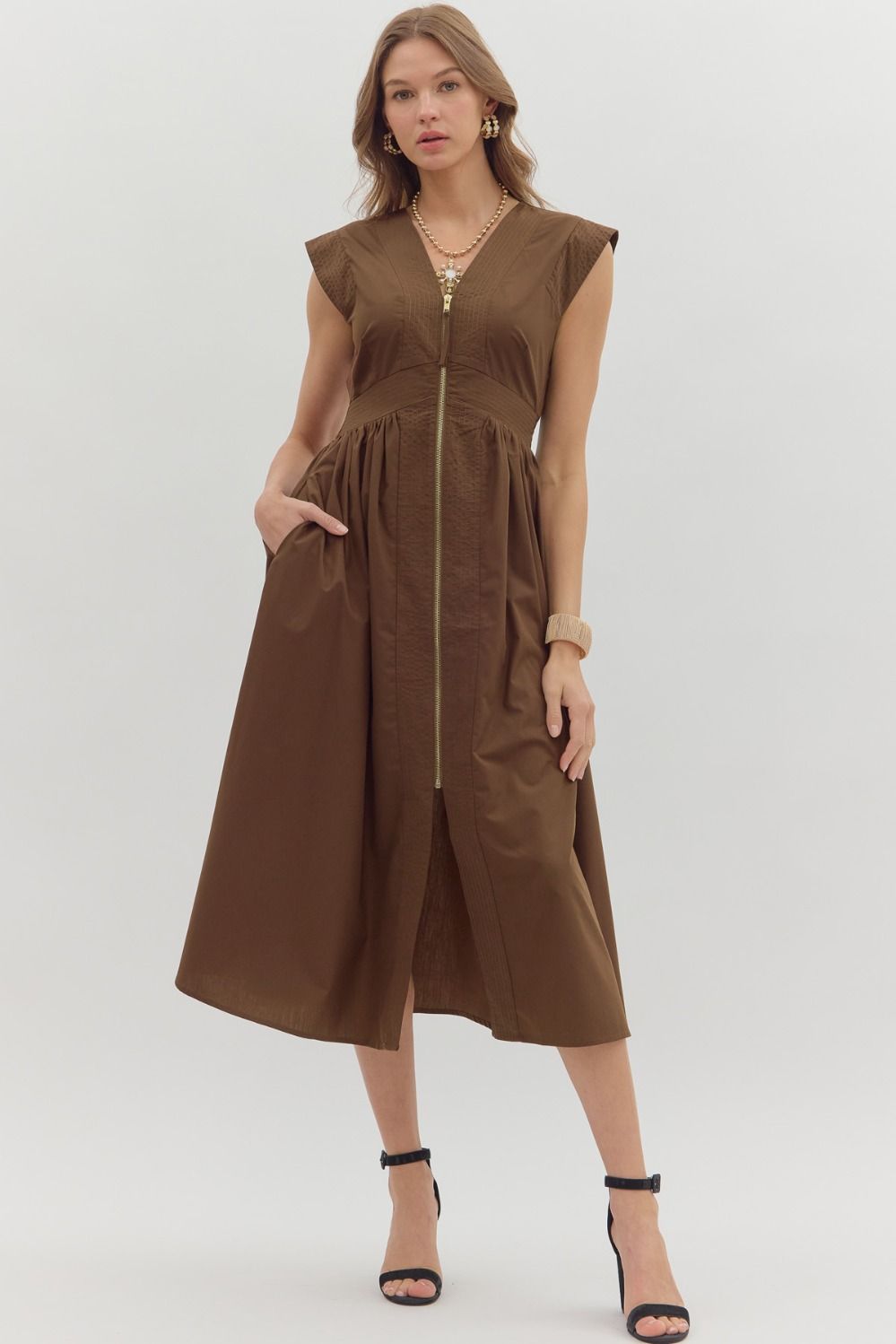 Entro Solid V Neck Midi Dress With Smocked Waist In Brown *COMING SOON*
