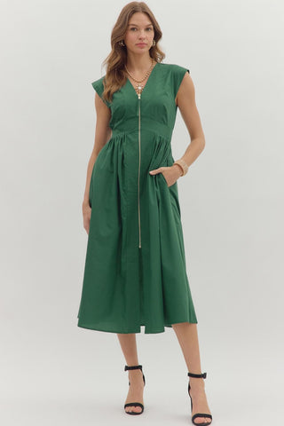 Entro Solid V Neck Midi Dress With Smocked Waist In Hunter Green *COMING SOON*