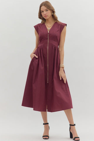 Entro Solid V Neck Midi Dress With Smocked Waist In Wine *COMING SOON*