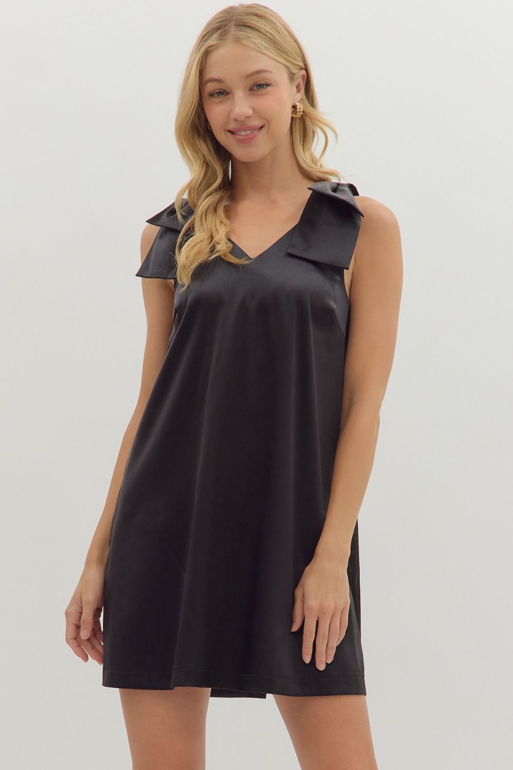 Entro Solid Mini Dress With Bow Shoulder Detail In Black *COMING SOON*