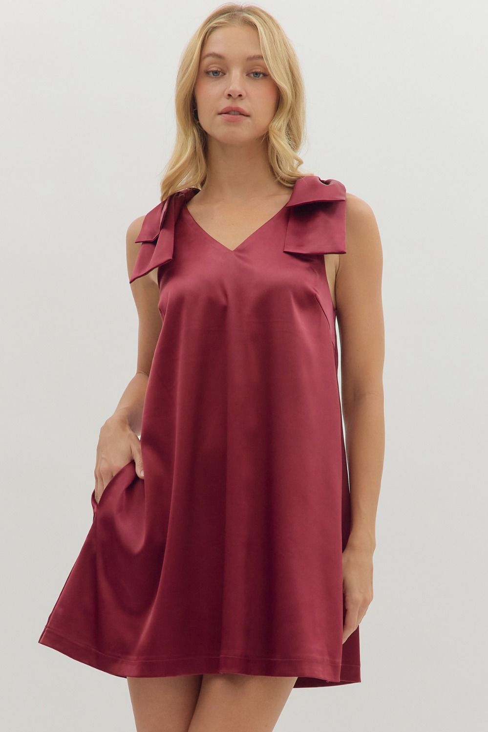 Entro Solid Mini Dress With Bow Shoulder Detail In Burgundy *COMING SOON*