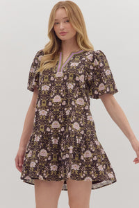 Entro Botanical Print Puff Sleeve Mini Dress In Black  *COMING SOON*