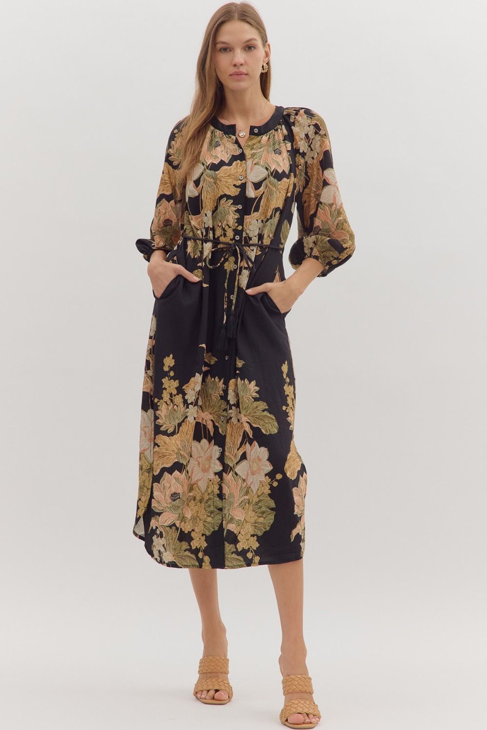 ENTRO Floral Print Long Sleeve Midi Dress In Black *COMING SOON*