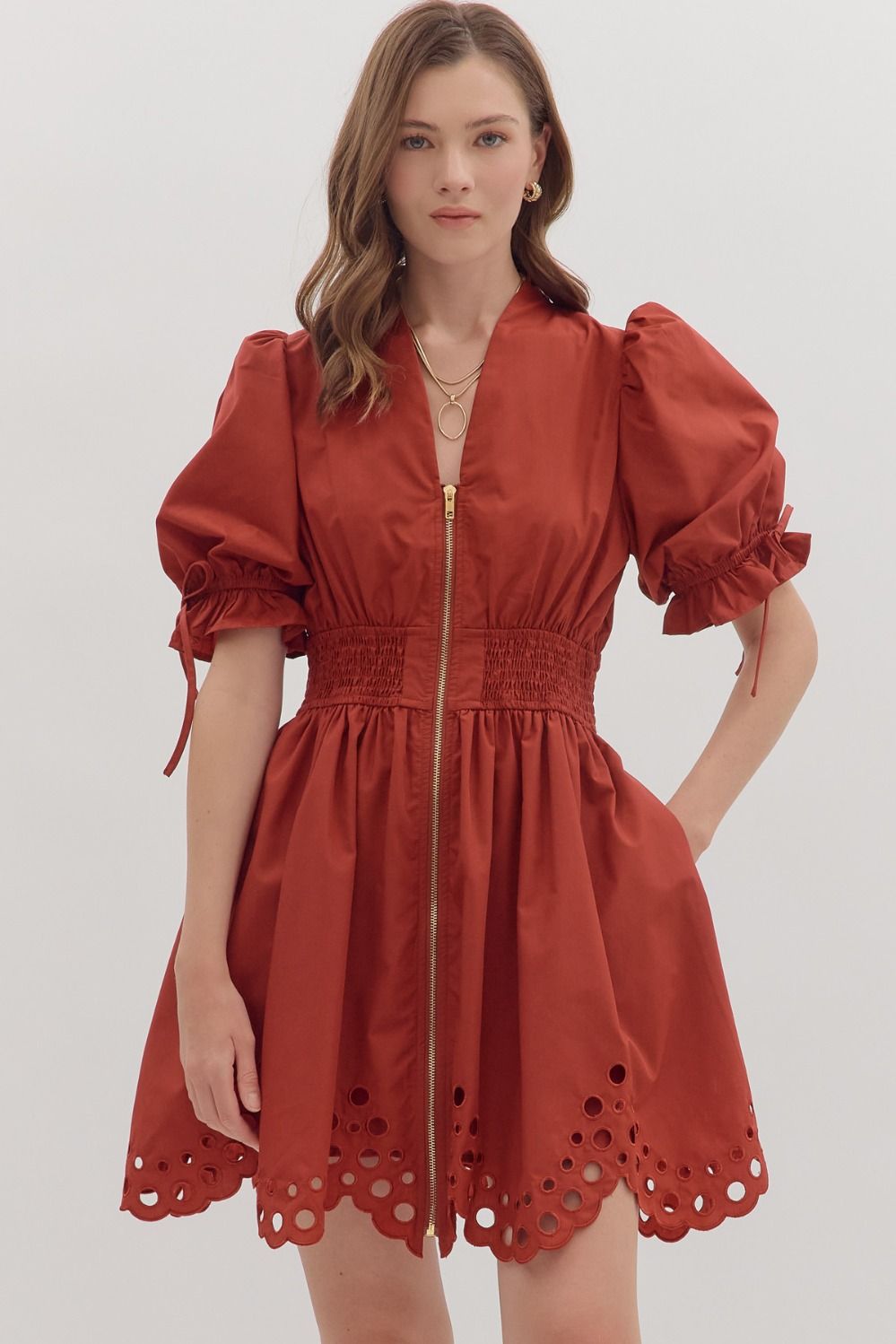 Entro Solid Puff Sleeve Mini Dress With Scalloped Eyelet Hem In Brick