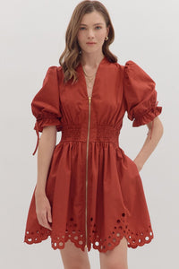 Entro Solid Puff Sleeve Mini Dress With Scalloped Eyelet Hem In Brick *COMING SOON*