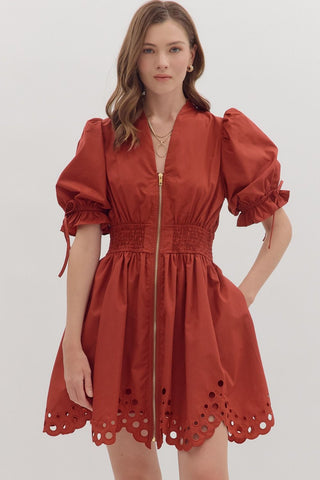 Entro Solid Puff Sleeve Mini Dress With Scalloped Eyelet Hem In Brick *COMING SOON*