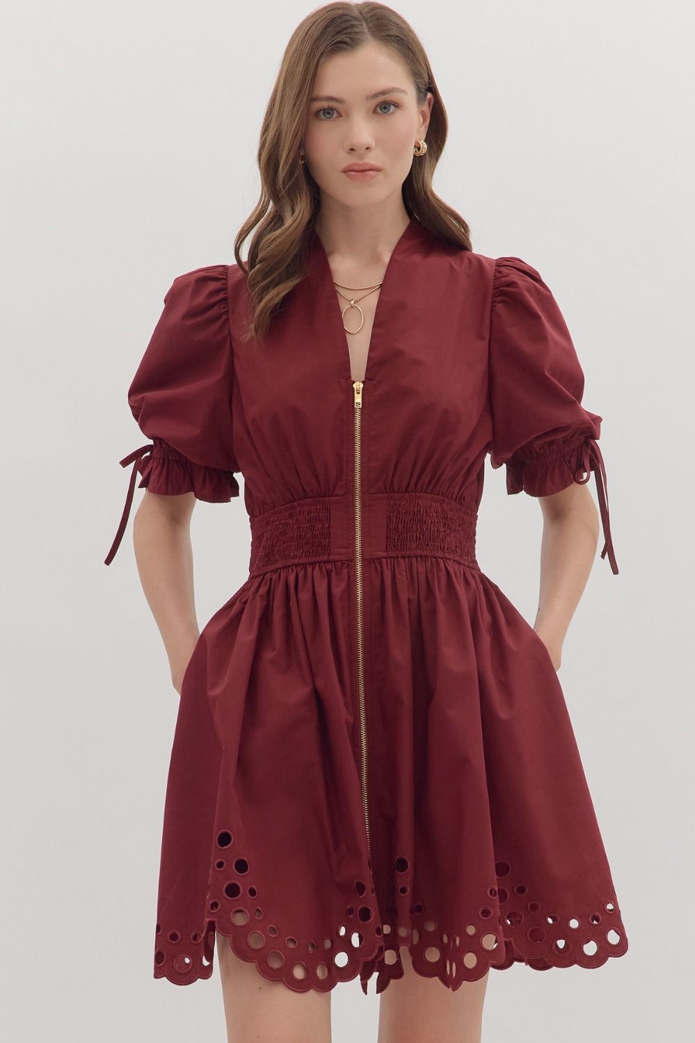 Entro Solid Puff Sleeve Mini Dress With Scalloped Eyelet Hem In Burgundy *COMING SOON*