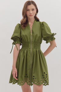 Entro Solid Puff Sleeve Mini Dress With Scalloped Eyelet Hem In Olive *COMING SOON*