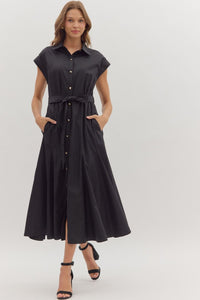 Entro Cap Sleeve Button Down Midi Dress With Tie Waist In Black *COMING SOON*