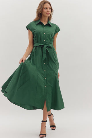 Entro Cap Sleeve Button Down Midi Dress With Tie Waist In Hunter Green *COMING SOON*
