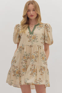 ENTRO Floral Print Mini Dress With Contrast Binding In Ecru *COMING SOON*