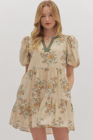 ENTRO Floral Print Mini Dress With Contrast Binding In Ecru *COMING SOON*