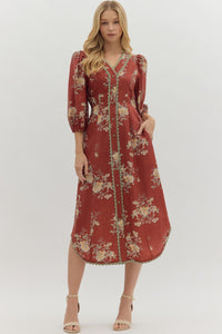 Entro Floral 3/4 Sleeve Midi Dress With Scalloped Trim In Brick *COMING SOON*