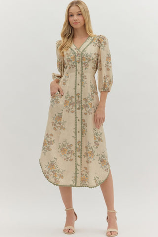 Entro Floral 3/4 Sleeve Midi Dress With Scalloped Trim In Ecru *COMING SOON*