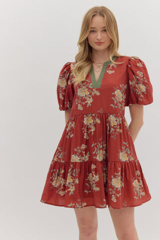ENTRO Floral Print Mini Dress With Contrast Binding In Brick *COMING SOON*