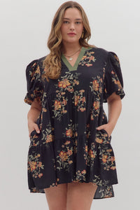 ENTRO Floral Print Mini Dress With Contrast Binding In Black PLUS Sizes *COMING SOON*