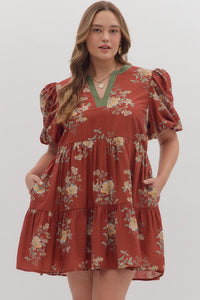 ENTRO Floral Print Mini Dress With Contrast Binding In Brick PLUS Sizes *COMING SOON*