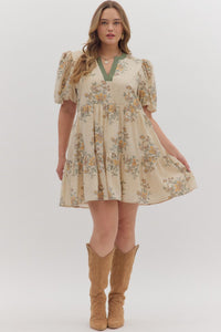 ENTRO Floral Print Mini Dress With Contrast Binding In Ecru PLUS Sizes *COMING SOON*