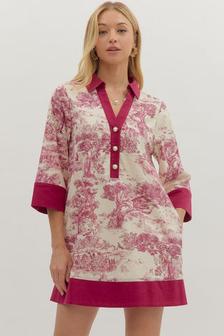 Entro Toile Print 3/4 Sleeve Mini Dress In Burgundy