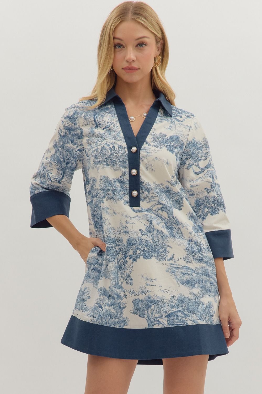 Entro Toile Print 3/4 Sleeve Mini Dress In Navy *COMING SOON*