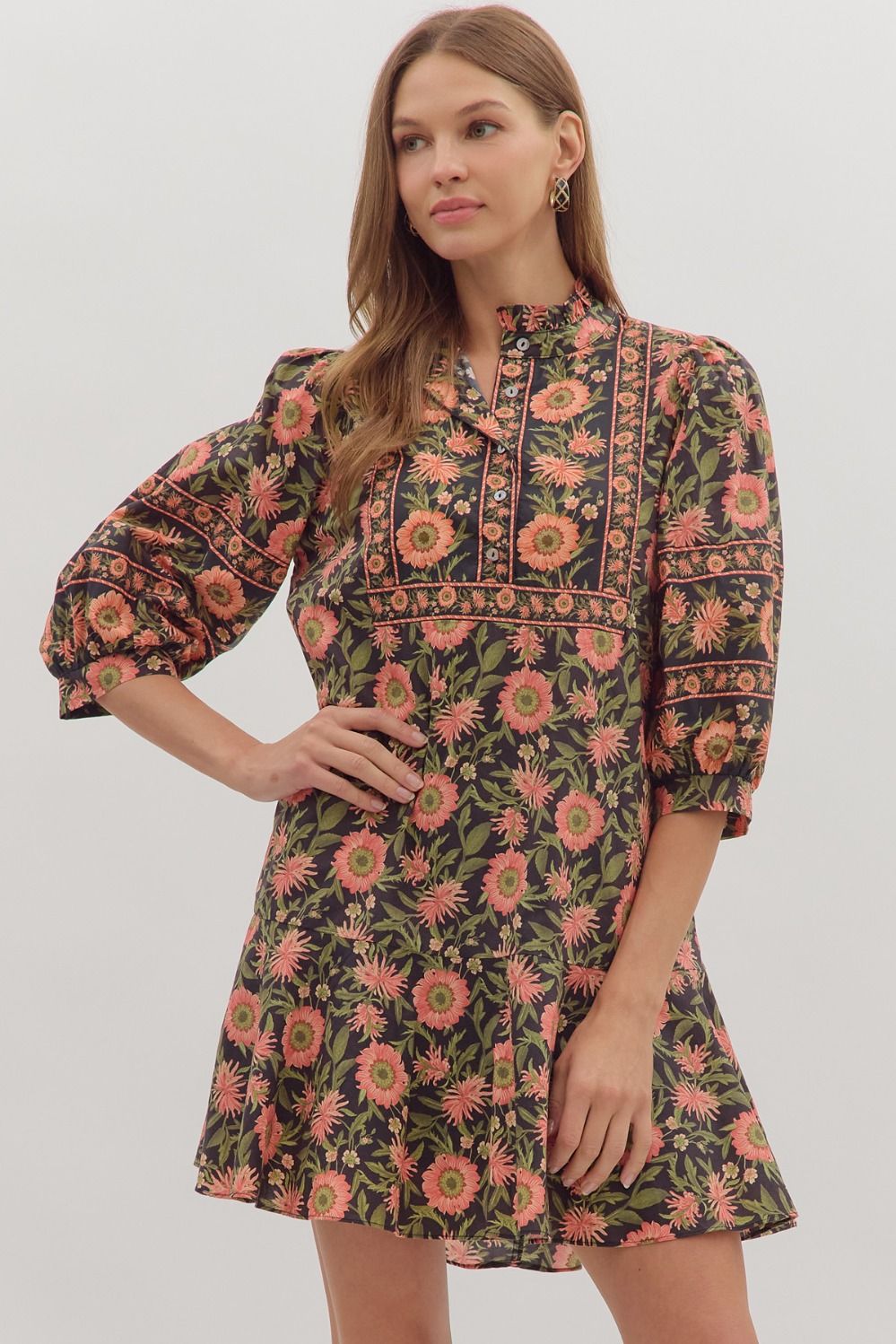 ENTRO Floral Print 3/4 Puff Sleeve Dress In Black *COMING SOON*