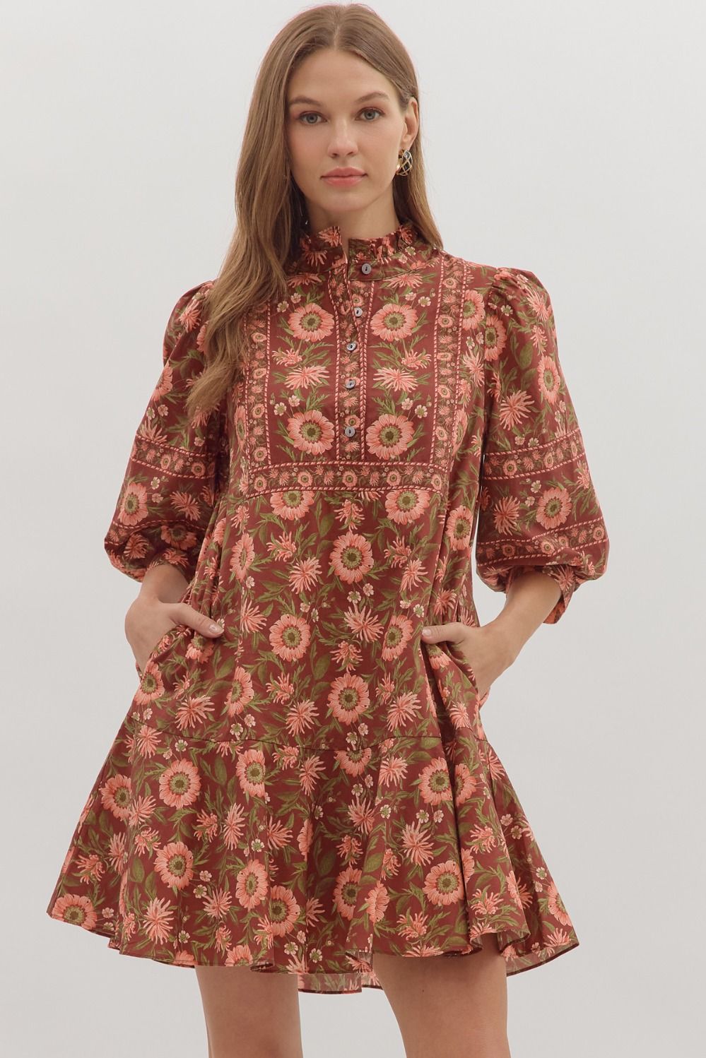 ENTRO Floral Print 3/4 Puff Sleeve Dress In Burgundy *COMING SOON*