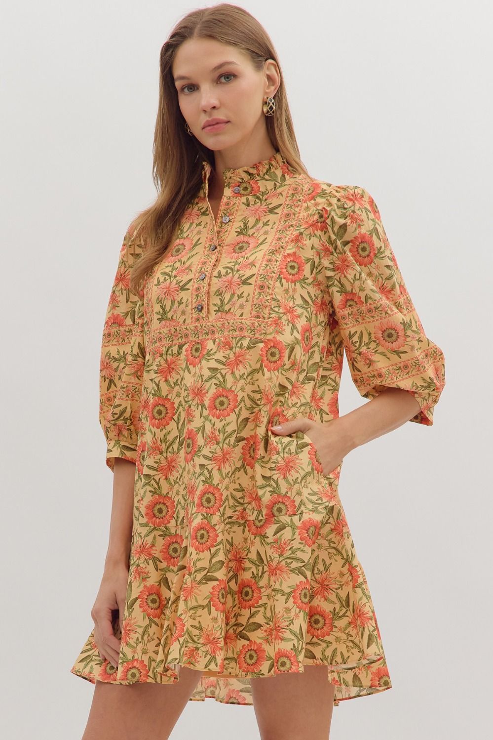 ENTRO Floral Print 3/4 Puff Sleeve Dress In Butter Scotch *COMING SOON*