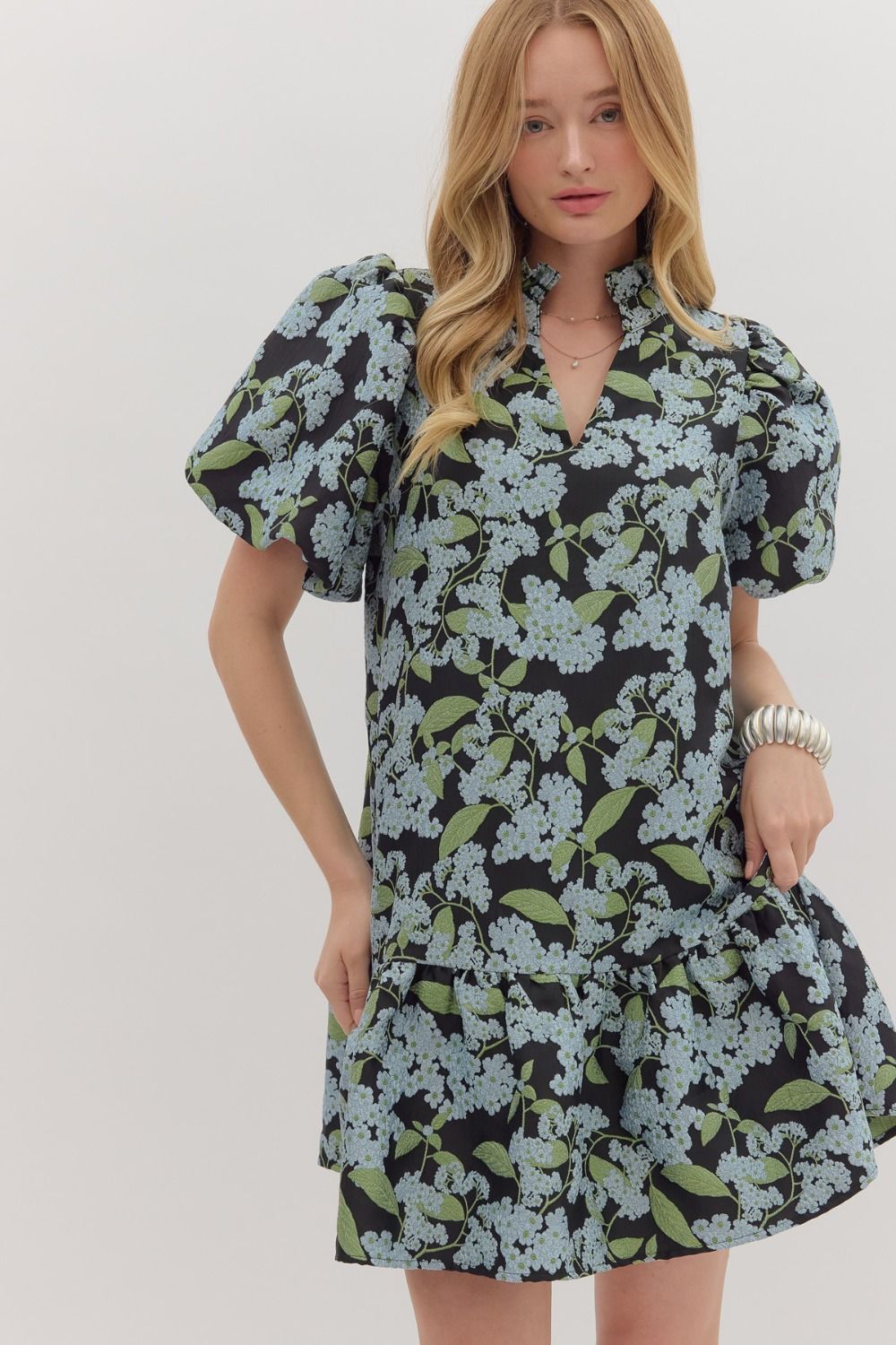 Entro Botanical Print Puff Sleeve Mini Dress In Blue