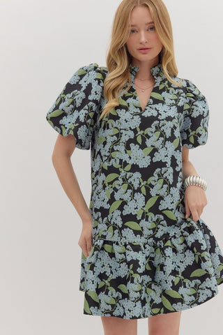 Entro Botanical Print Puff Sleeve Mini Dress In Blue