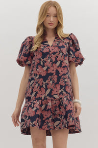 Entro Botanical Print Puff Sleeve Mini Dress In Burgundy