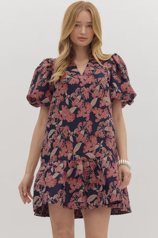Entro Botanical Print Puff Sleeve Mini Dress In Burgundy